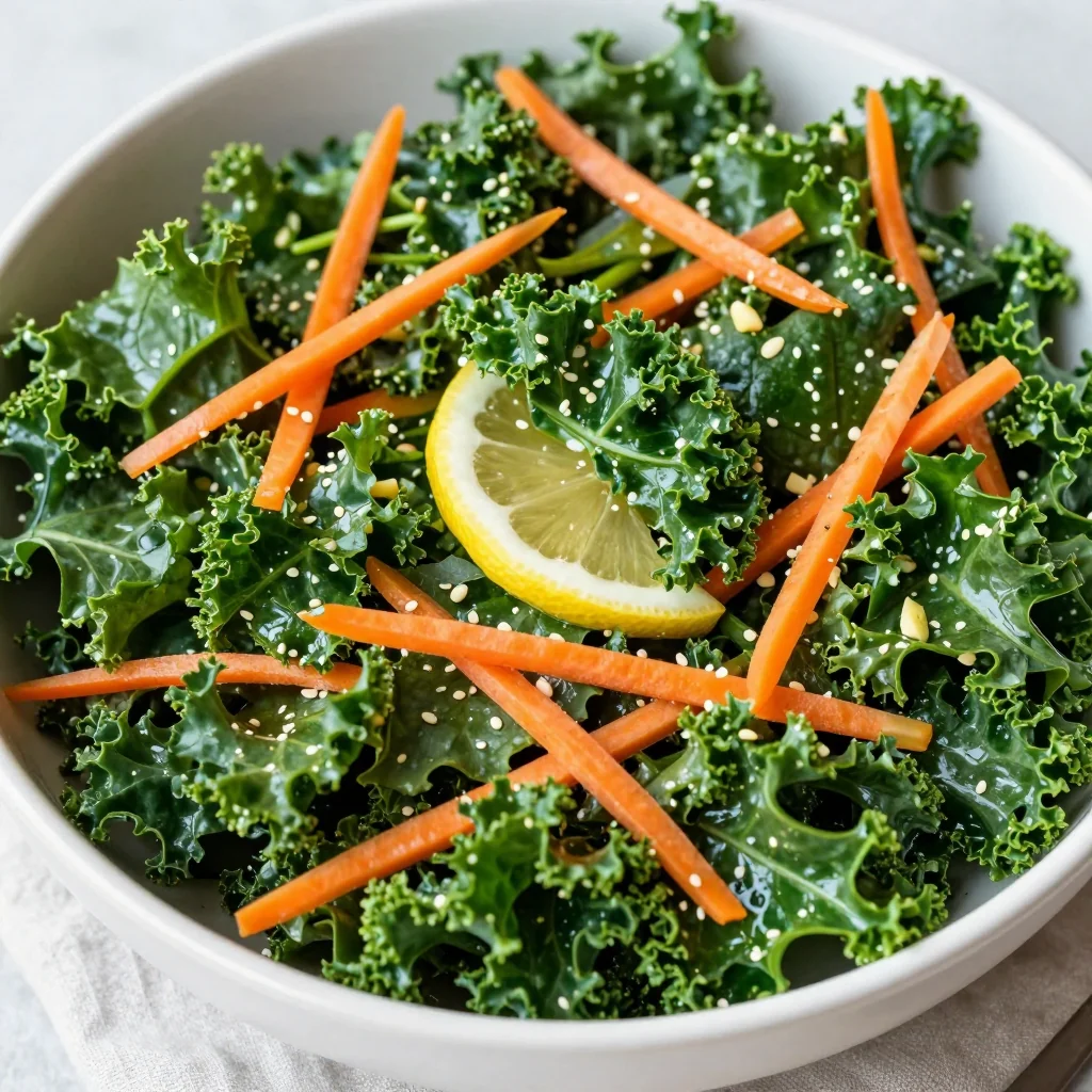 healthy lemon garlic kale salad with winter greens and carrots