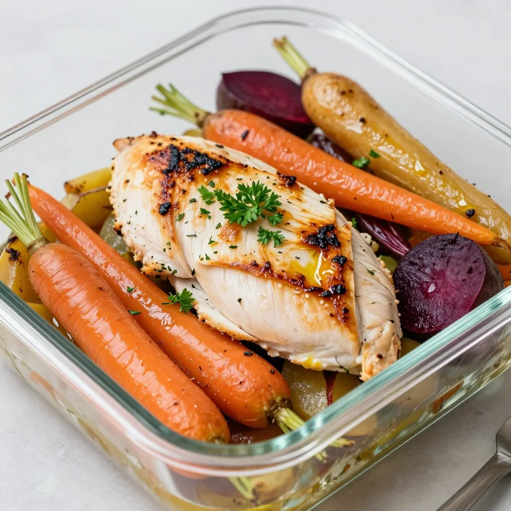 healthy meal prep chicken and roasted root vegetables for busy weeks