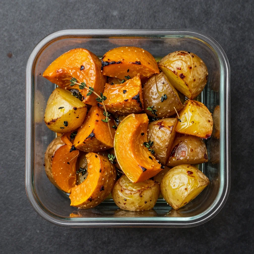 healthy meal prep roasted winter squash and potatoes with thyme