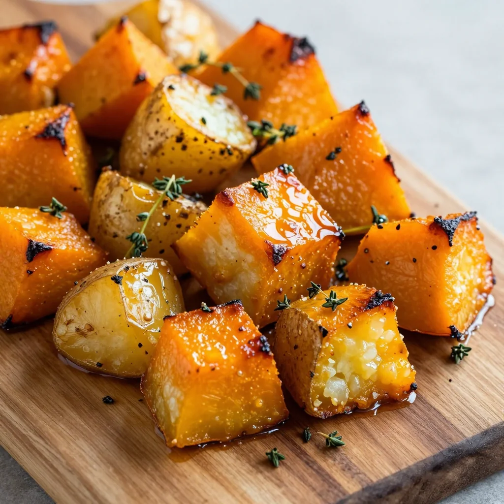 healthy meal prep roasted winter squash and potatoes with thyme