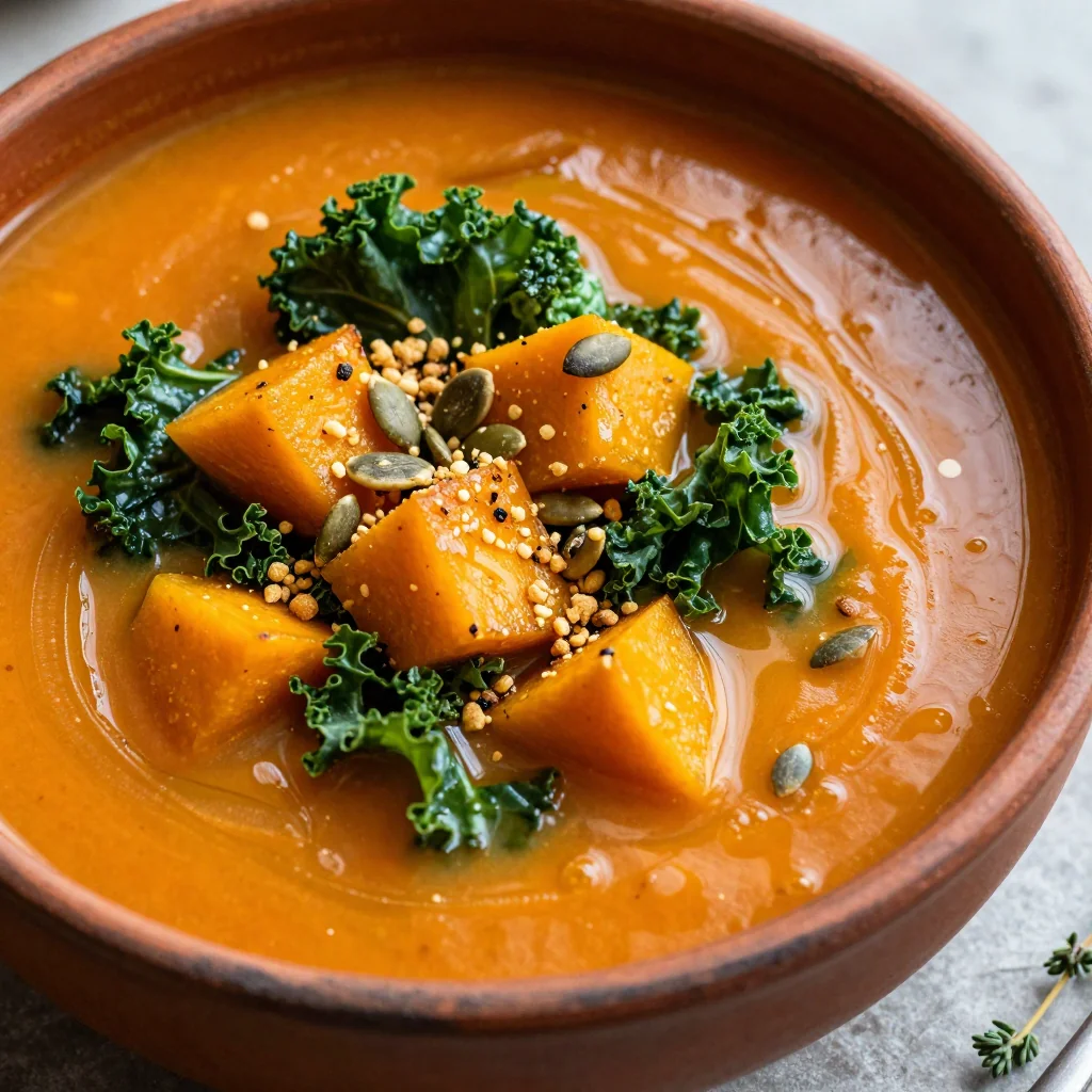 healthy new year detox soup with winter squash and kale