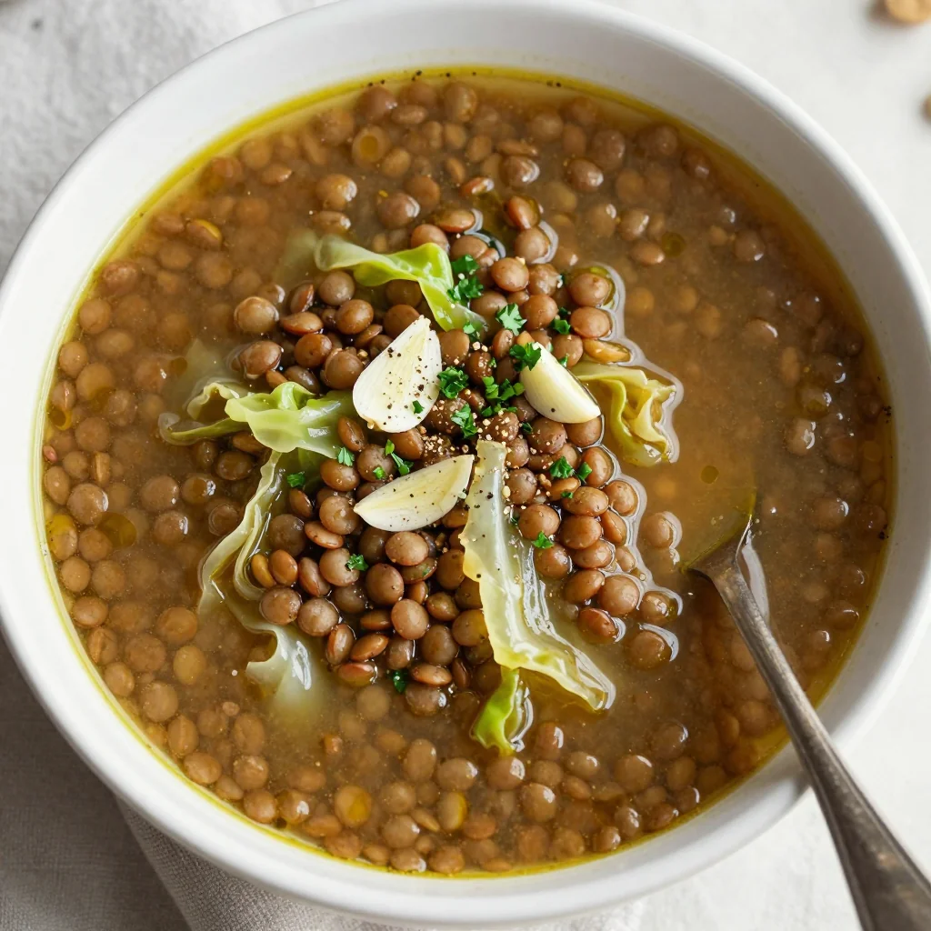 healthy onepot lentil soup with cabbage and garlic for january