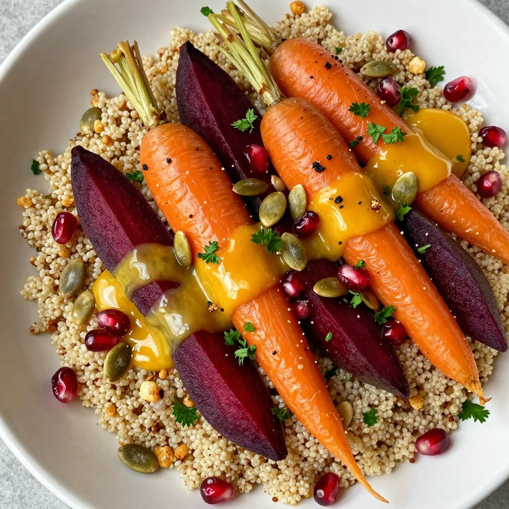 healthy quinoa and roasted root vegetable bowl with citrus dressing