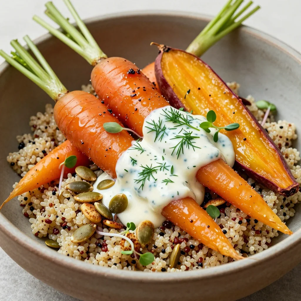 healthy quinoa and roasted root vegetable bowl with citrus dressing