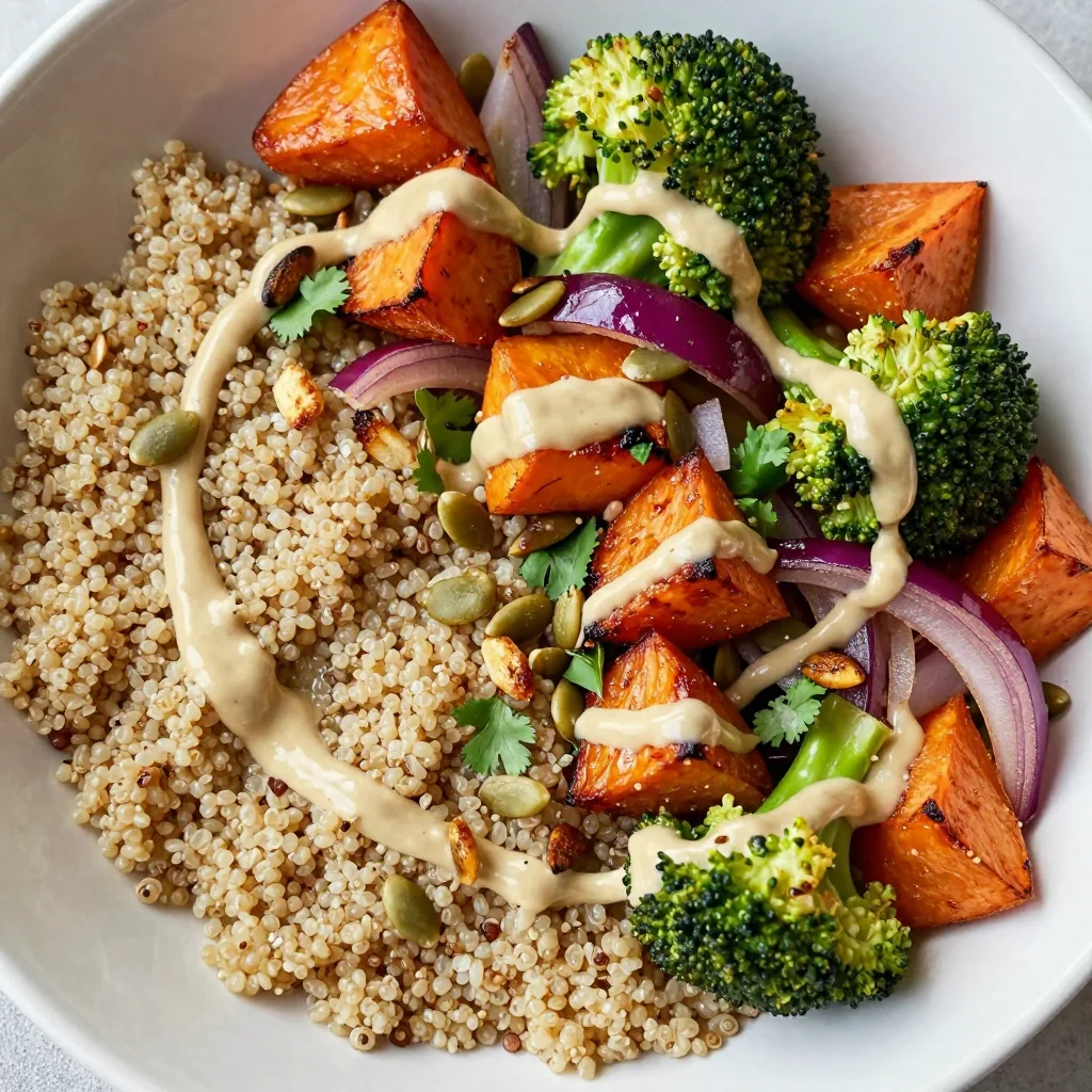 Healthy Quinoa Bowl with Roasted Vegetables and a Tahini Dressing