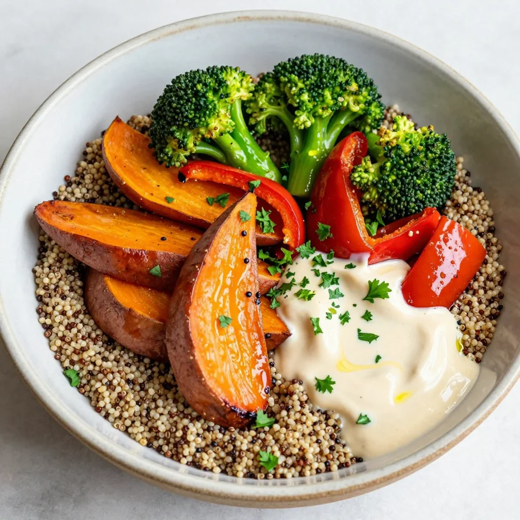 Healthy Quinoa Bowl with Roasted Vegetables and a Tahini Dressing