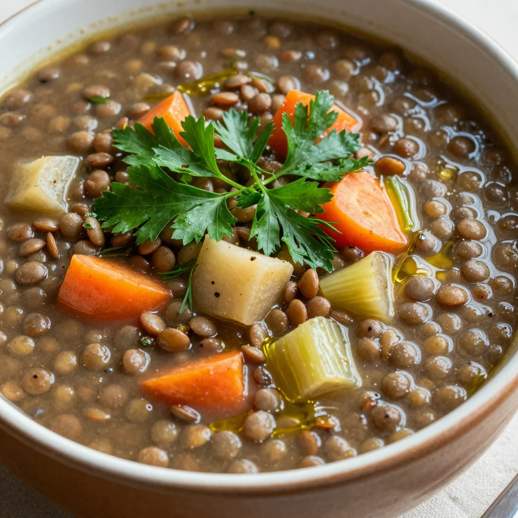 healthy slow cooker lentil and root vegetable soup with fresh herbs