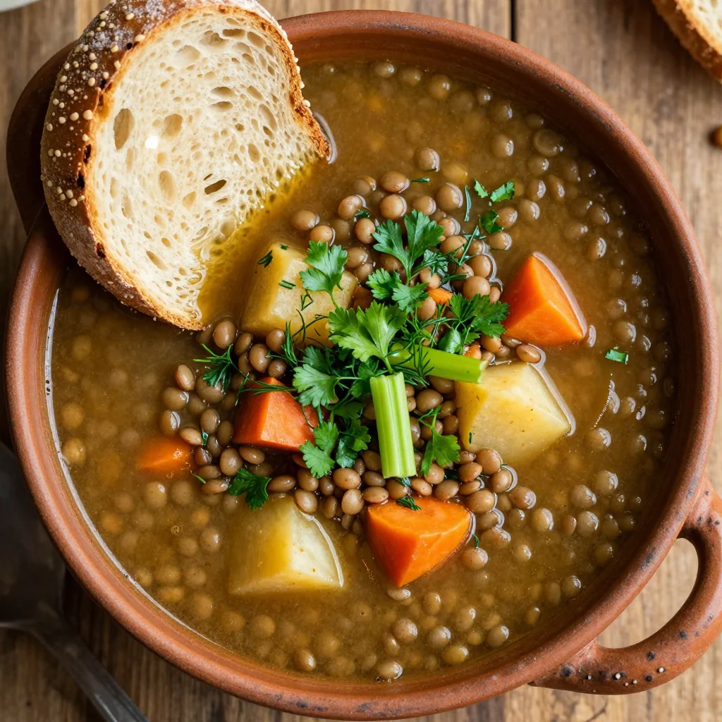 healthy slow cooker lentil and root vegetable soup with fresh herbs