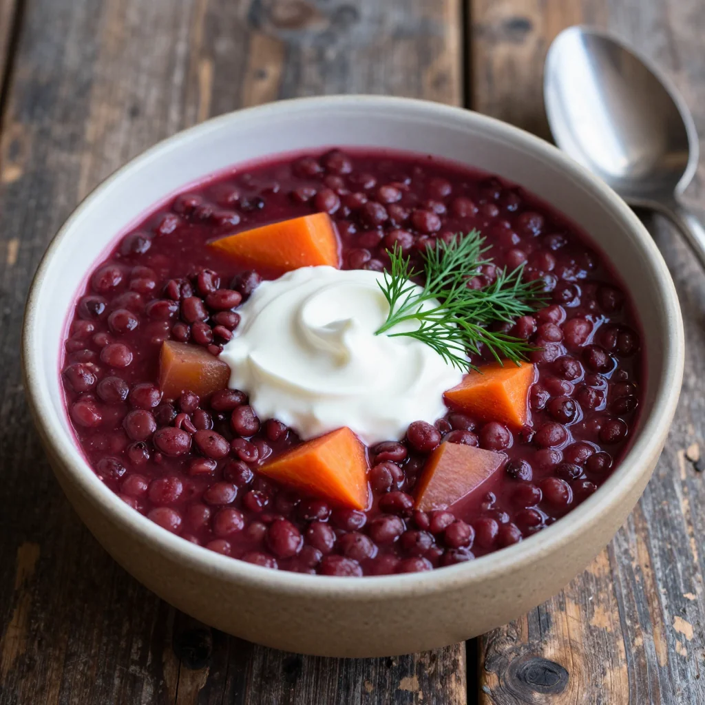 hearty lentil soup with beets and root vegetables for cold winter evenings