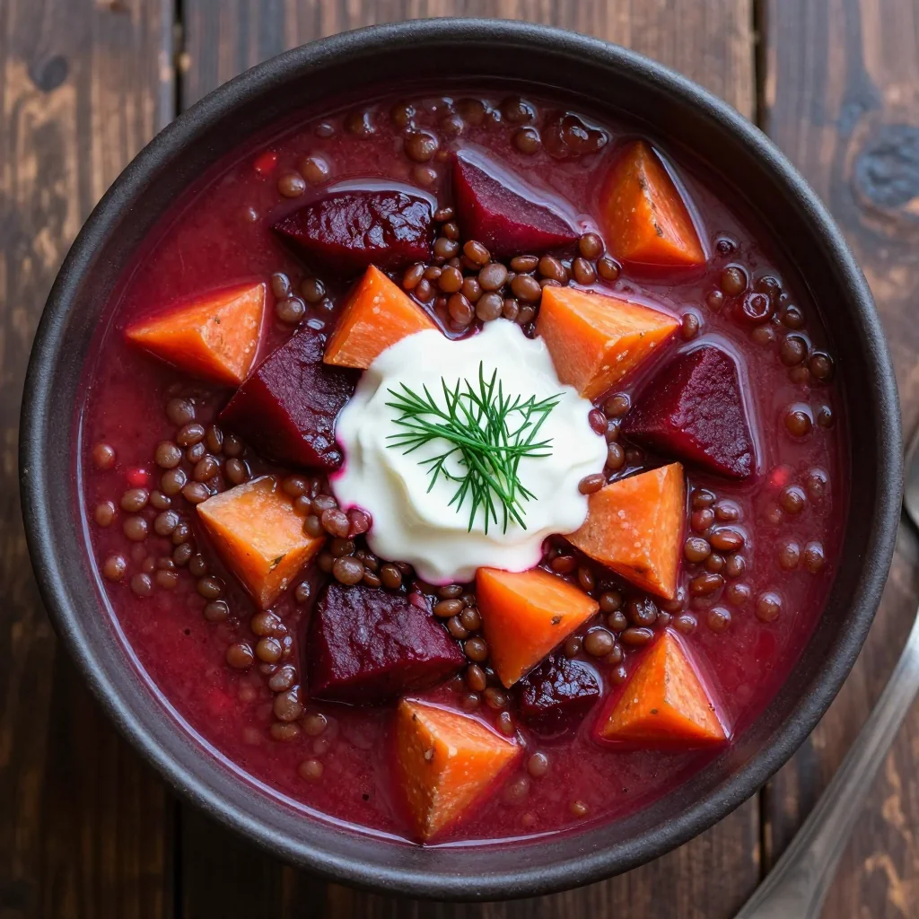 hearty lentil soup with beets and root vegetables for cold winter evenings