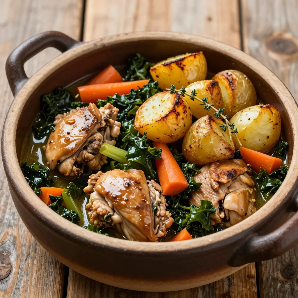 hearty onepot chicken and kale stew with roasted potatoes