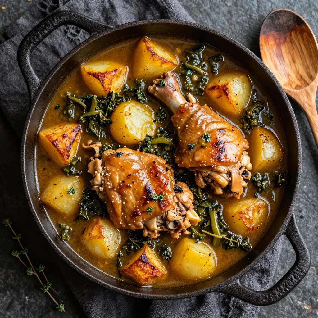 hearty onepot chicken and kale stew with roasted potatoes