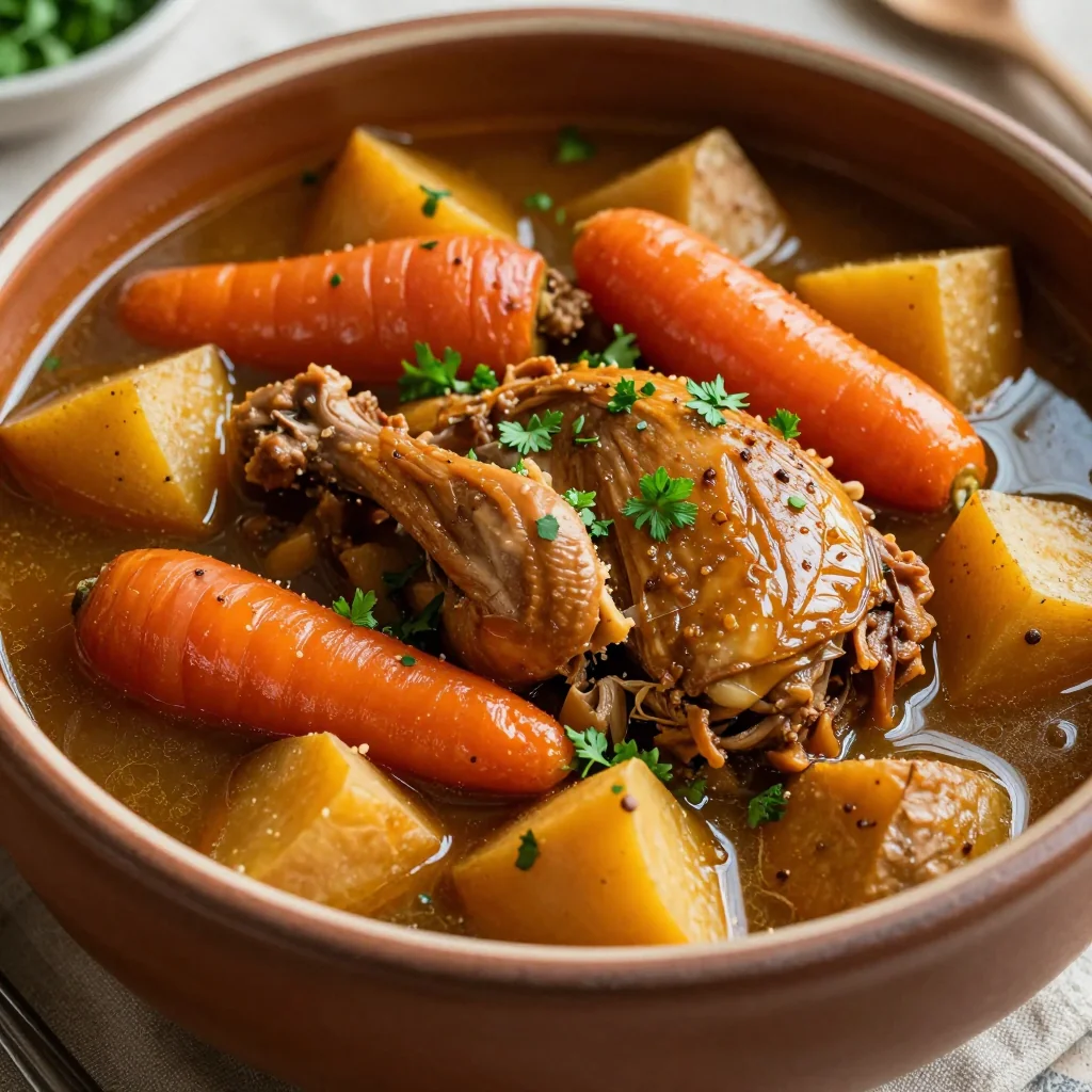 hearty turkey and root vegetable stew with garlic for family meal prep