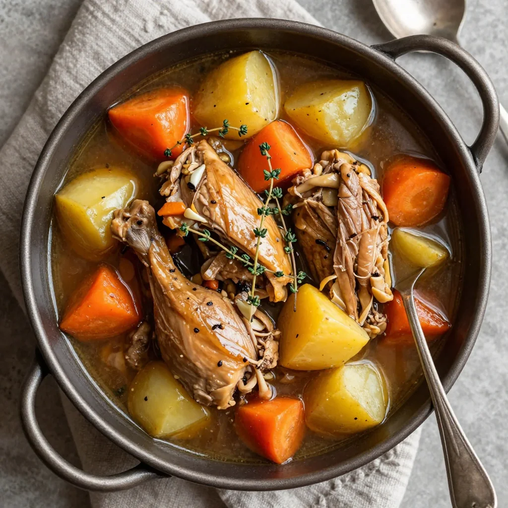 hearty turkey and root vegetable stew with garlic for family meal prep
