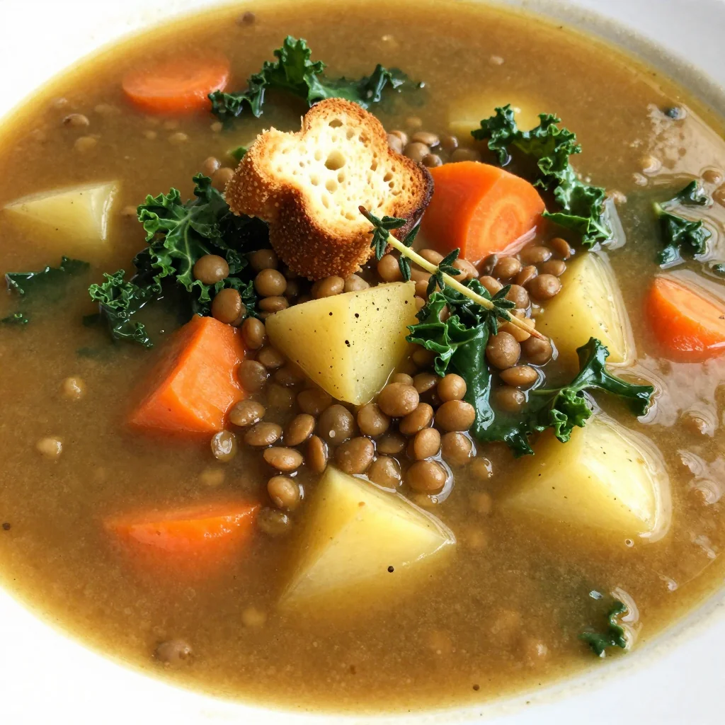 high protein lentil and kale soup with root vegetables for winter