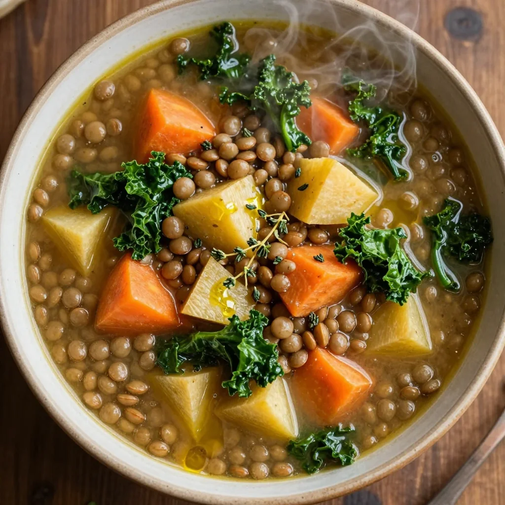 high protein lentil and kale soup with root vegetables for winter