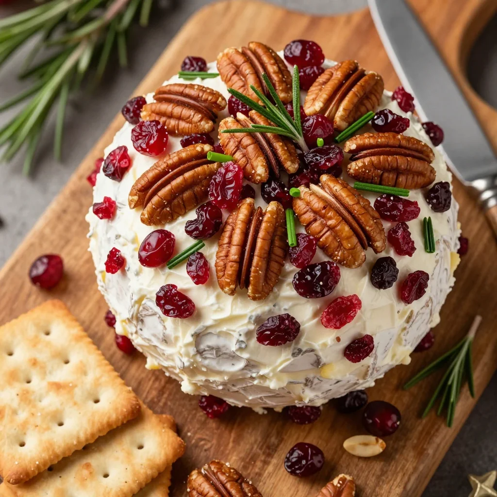holiday cheese ball with cranberries pecans and fresh herbs