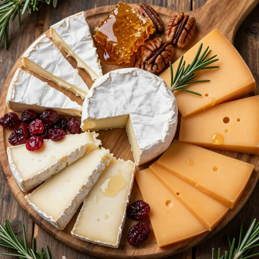 holiday cheese board with cranberries nuts and honeycomb