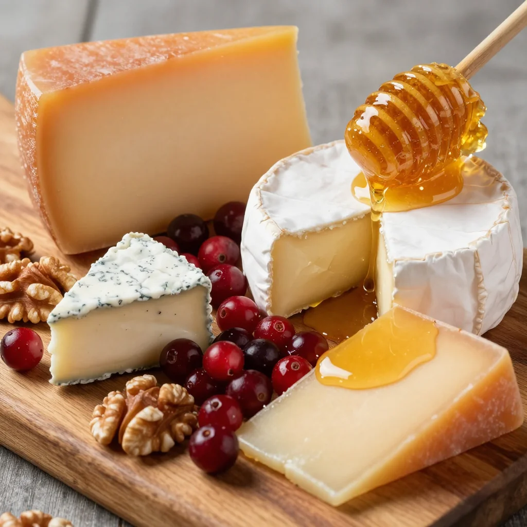 holiday cheese board with cranberries nuts and honeycomb