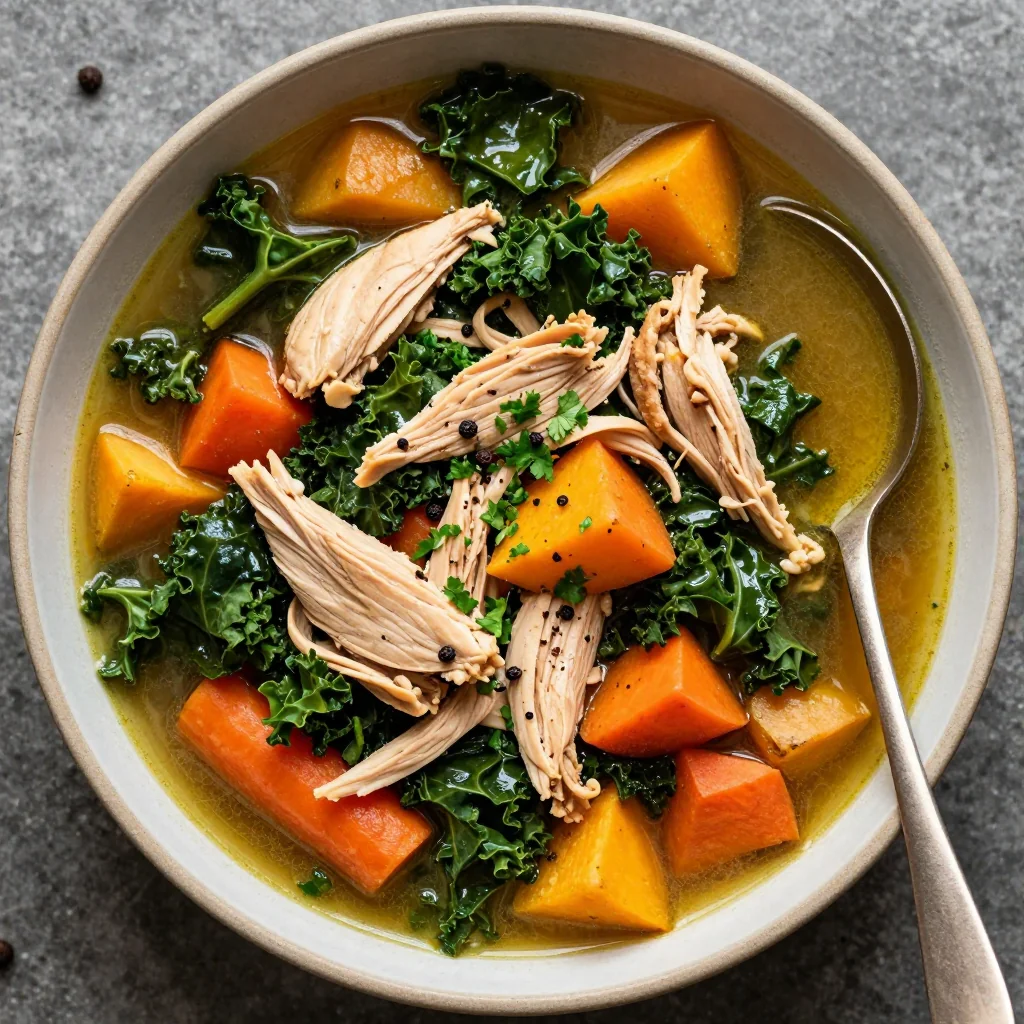 meal prep friendly chicken and kale stew with root vegetables