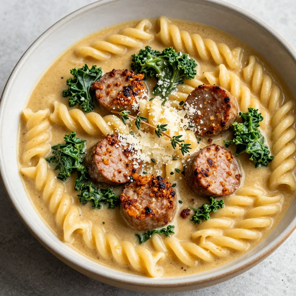 One Pot Creamy Sausage and Kale Pasta Soup