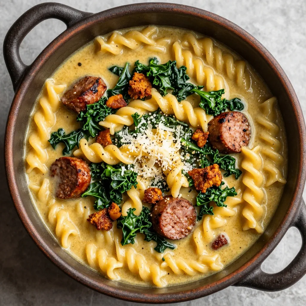 One Pot Creamy Sausage and Kale Pasta Soup