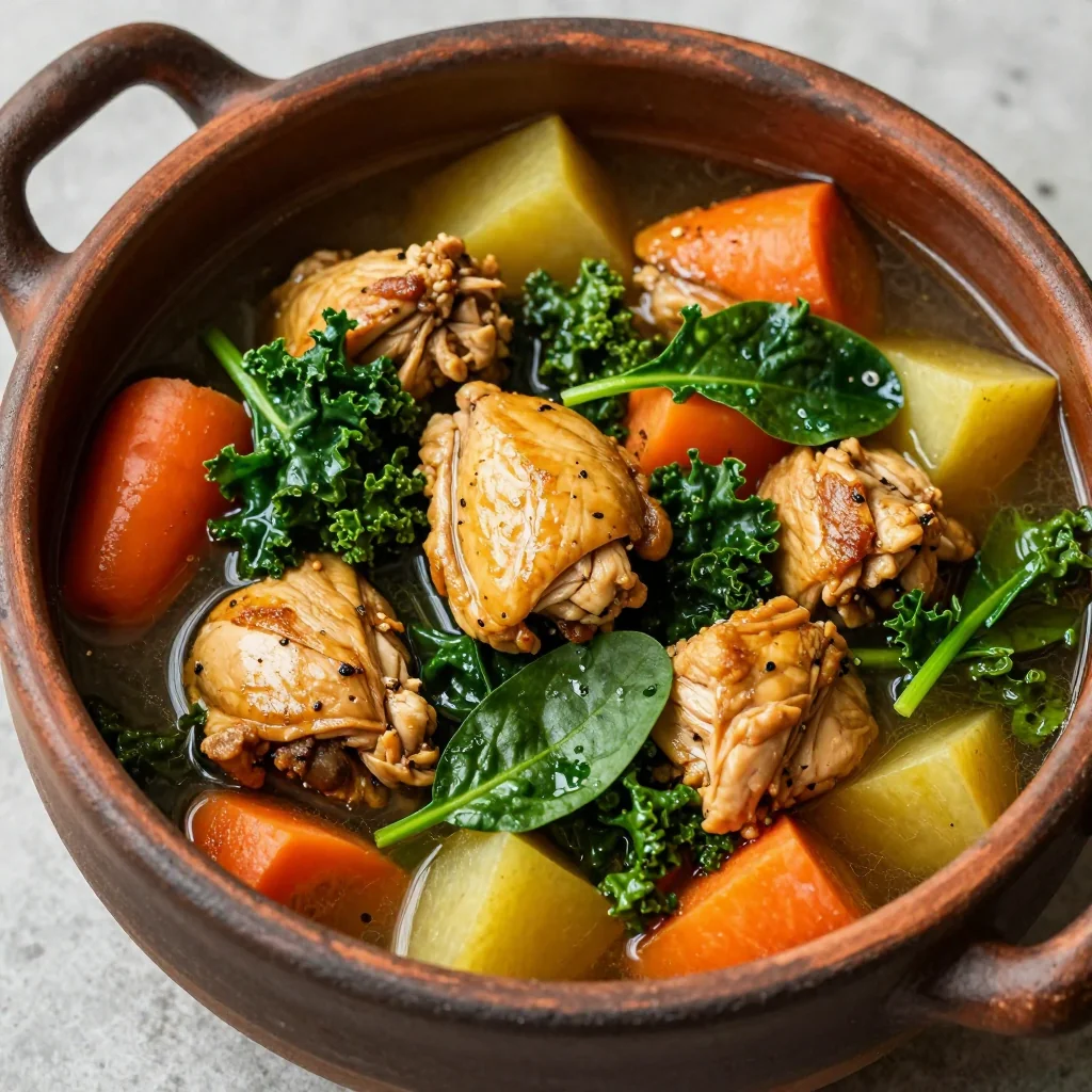one pot healthy chicken and winter vegetable stew with spinach