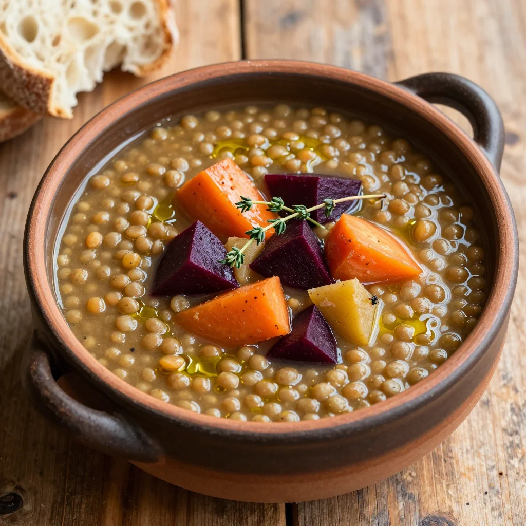one pot lentil soup with roasted root vegetables for budget family meals