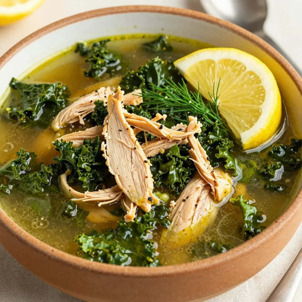 onepot chicken and kale soup with lemon for nourishing family meals