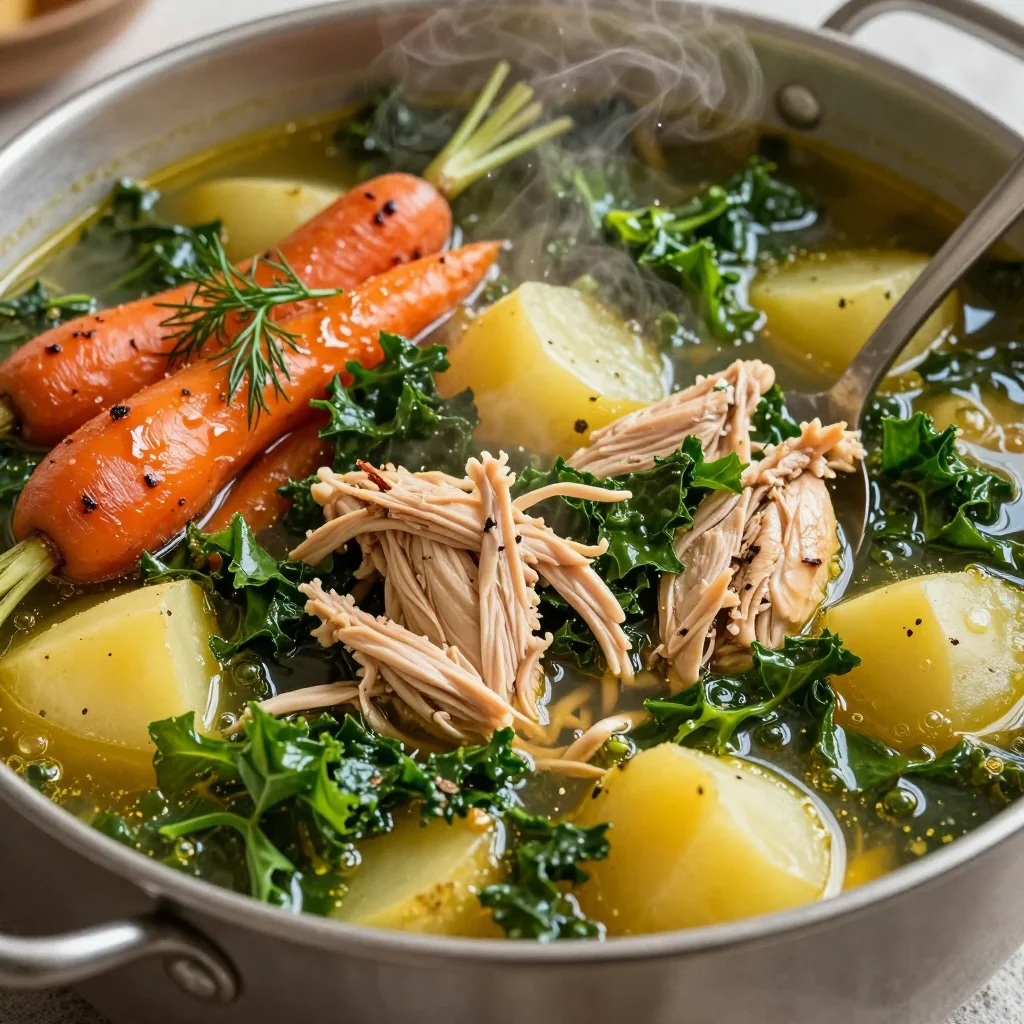 onepot chicken and kale soup with roasted carrots for cozy family meals