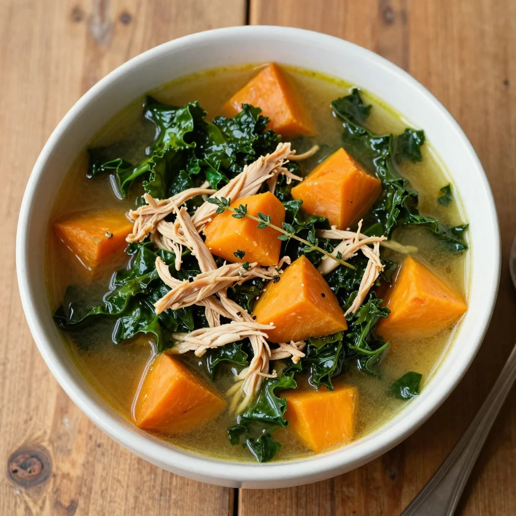 onepot chicken and kale soup with sweet potatoes for cozy family meals