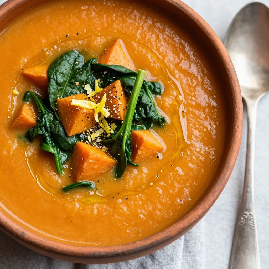 onepot garlic and lemon sweet potato soup with spinach for cozy evenings