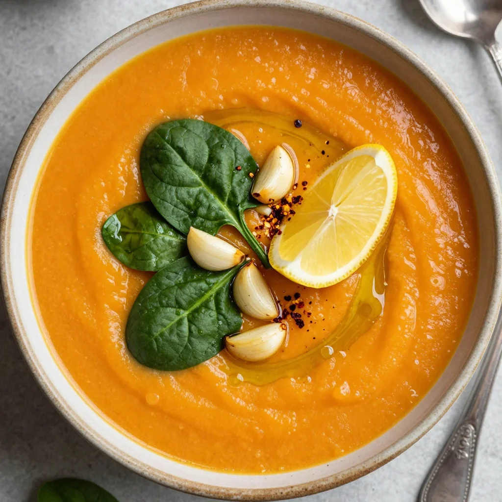 onepot garlic and lemon sweet potato soup with spinach for cozy evenings