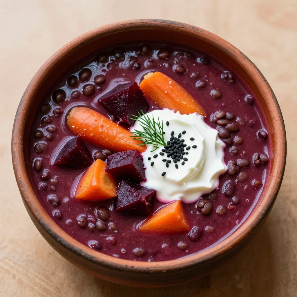 onepot highprotein lentil soup with beets and winter vegetables