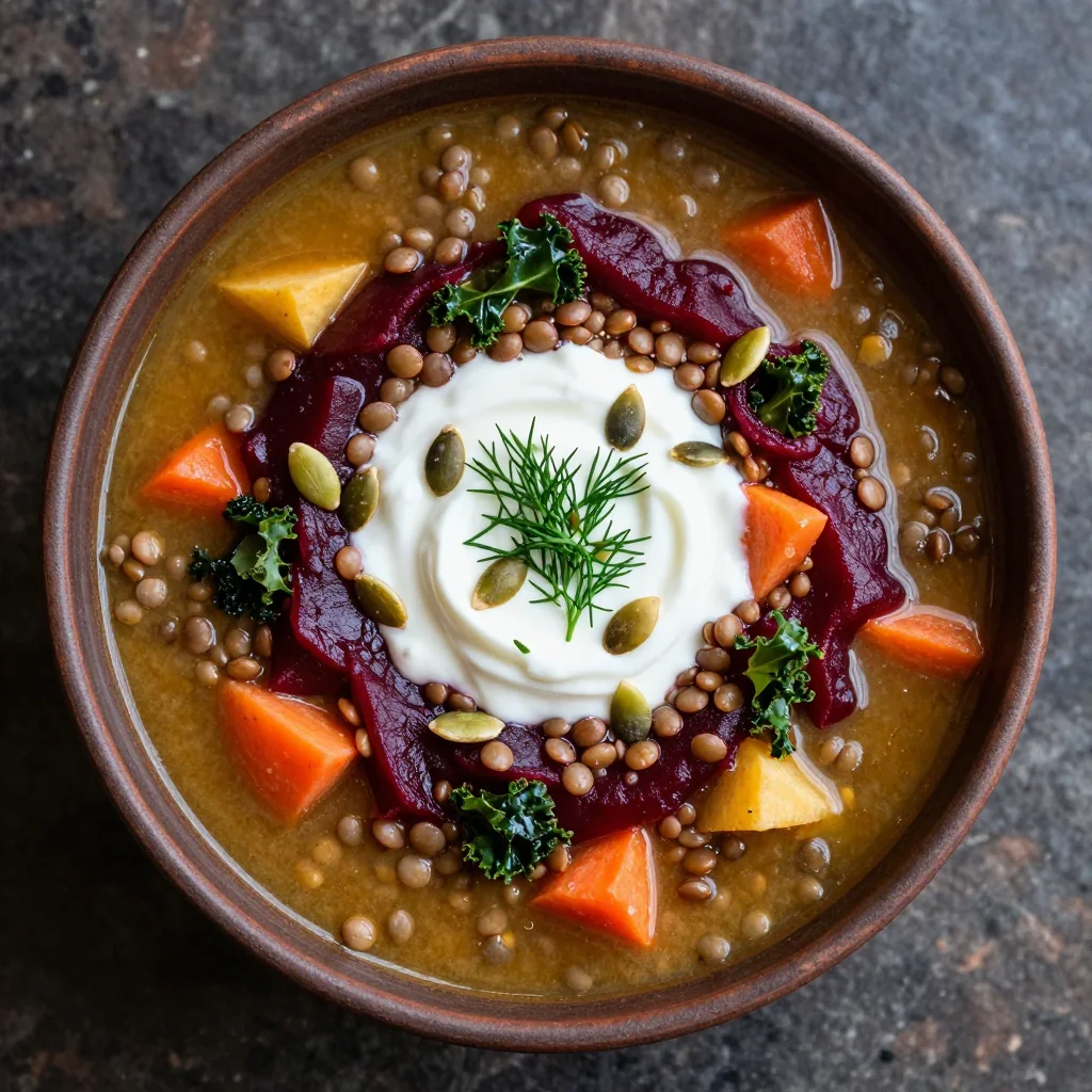 onepot highprotein lentil soup with beets and winter vegetables