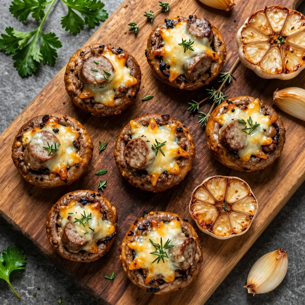 sausagestuffed mushrooms with garlic and herbs for party appetizers