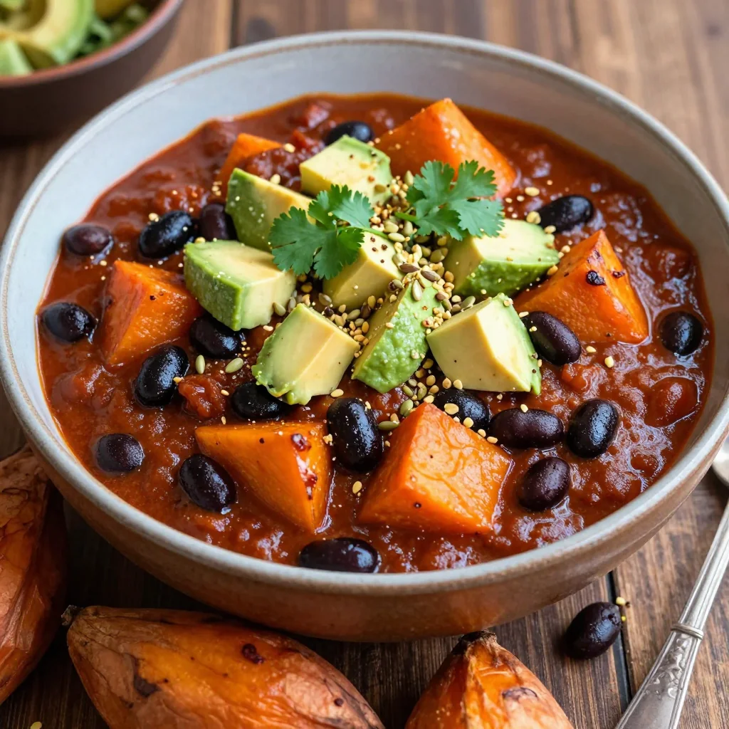 savory sweet potato and black bean chili with warm winter spices