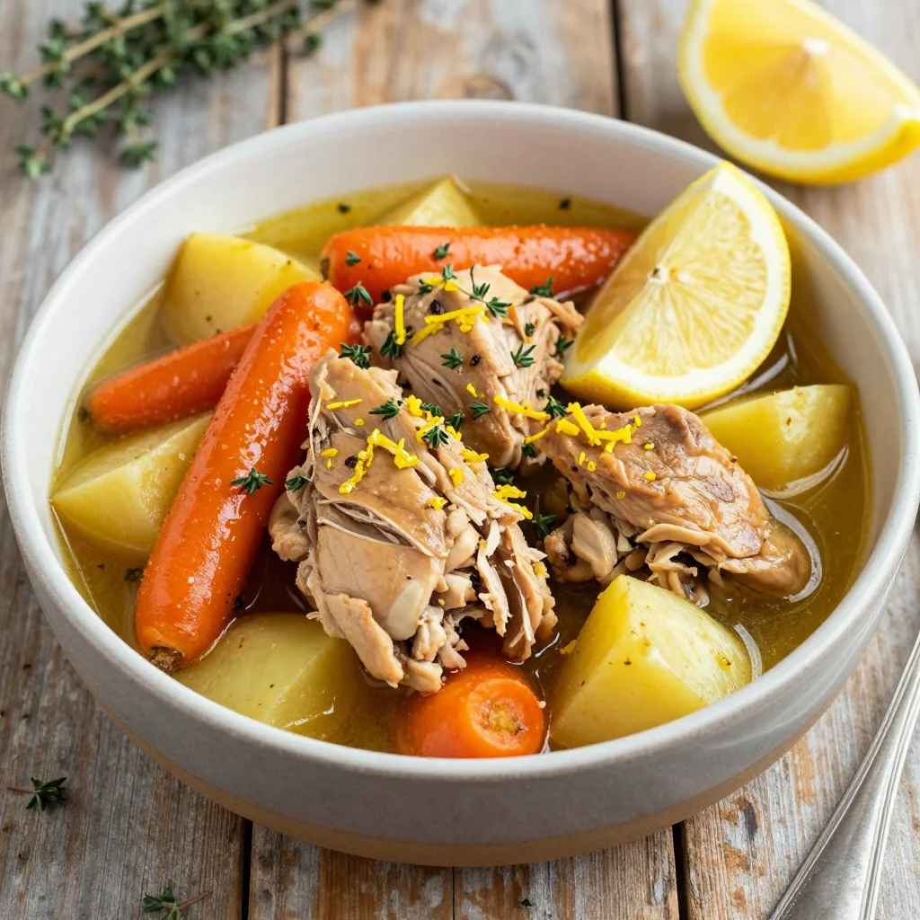 slow cooker chicken and root veggie stew with lemon