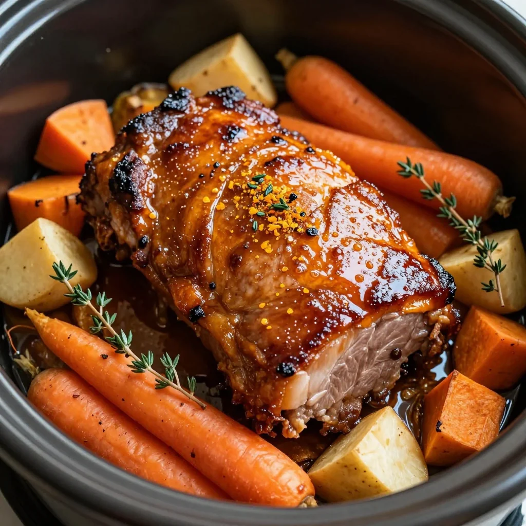 slow cooker citrus glazed pork with roasted winter root vegetables