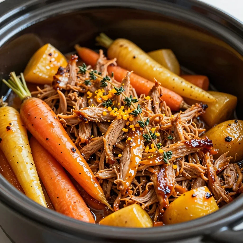 slow cooker citrus glazed pork with roasted winter root vegetables