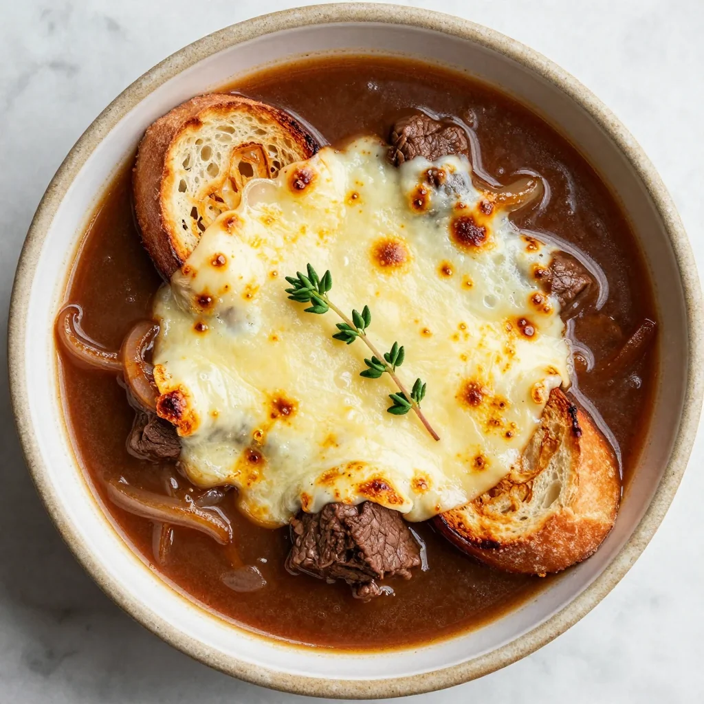 slow cooker french onion soup with gruyere cheese crust