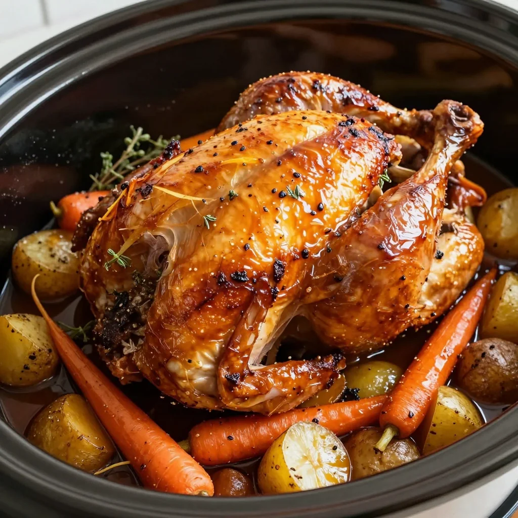 slow cooker herb stuffed roast chicken with root vegetables and gravy