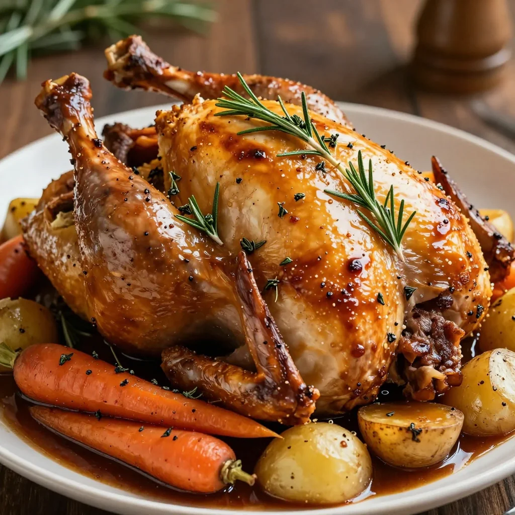 slow cooker herb stuffed roast chicken with root vegetables and gravy