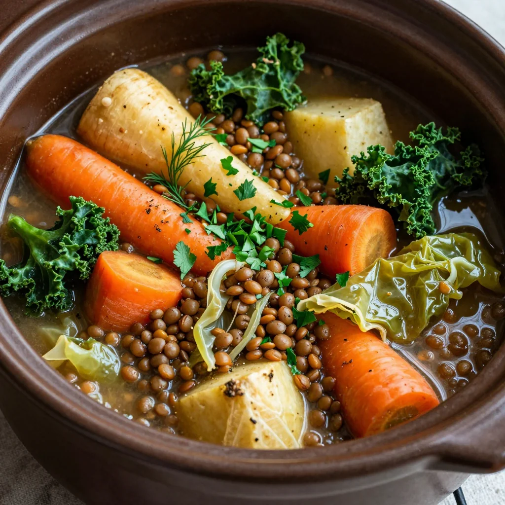 slow cooker root vegetable and lentil stew with cabbage and fresh herbs