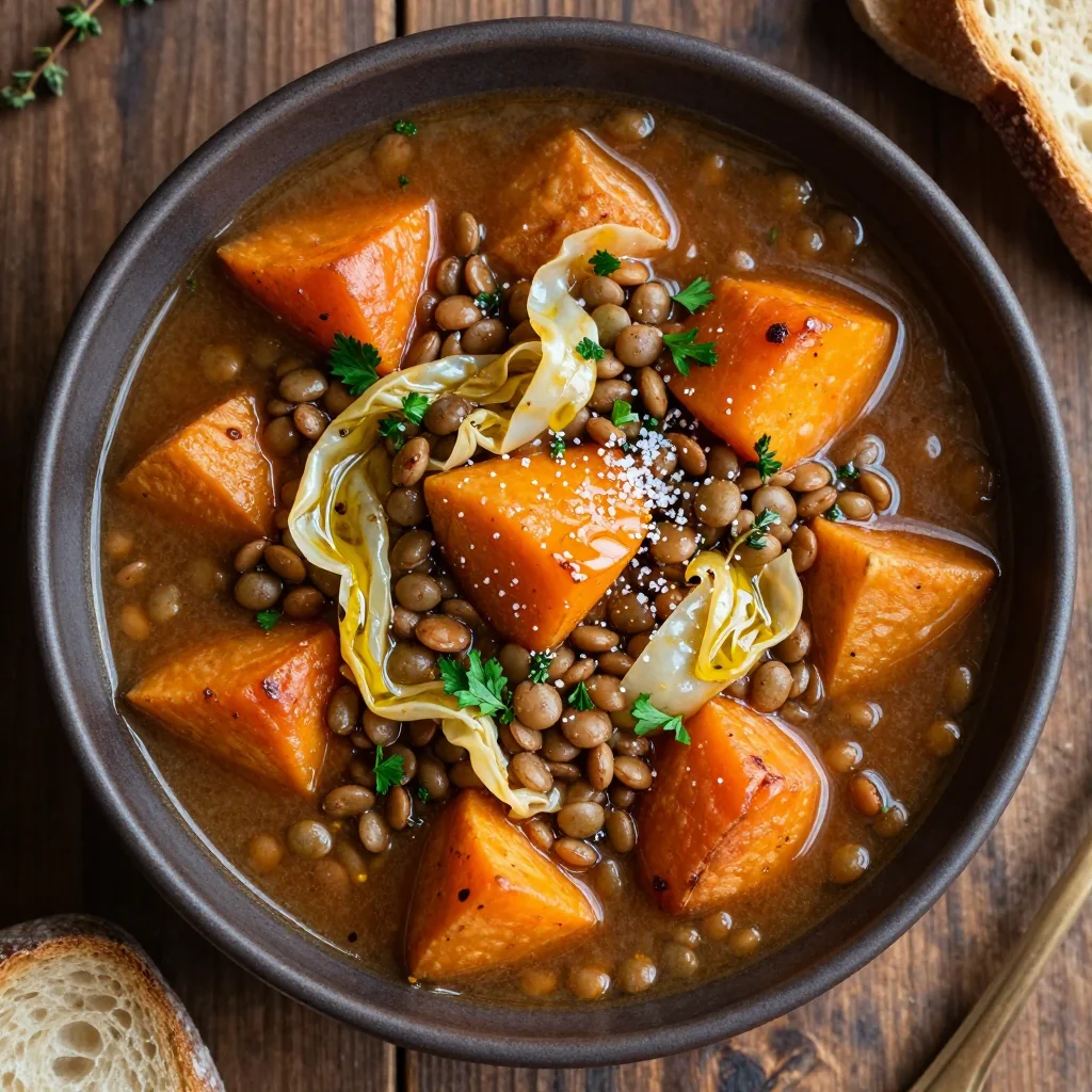 slow cooker root vegetable and lentil stew with cabbage and fresh herbs