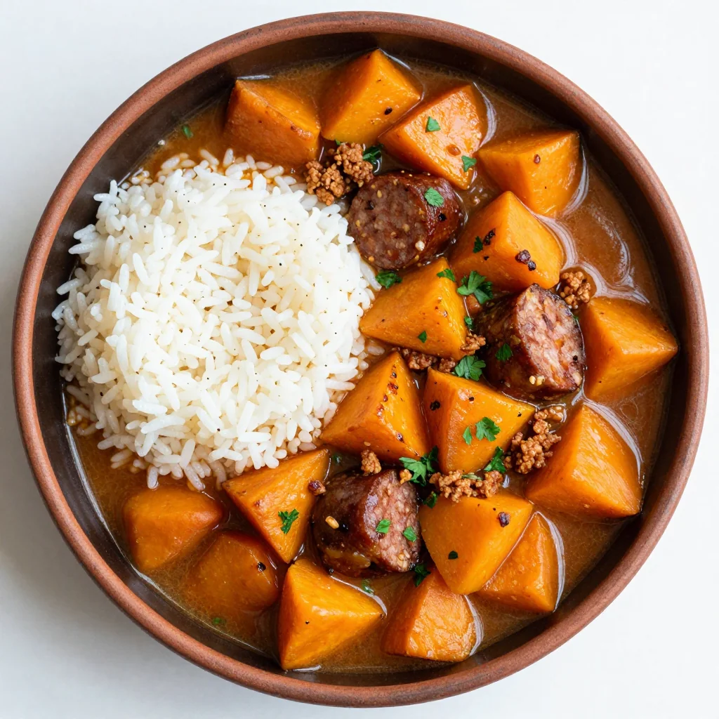 slow cooker sweet potato and sausage stew for family meal prep