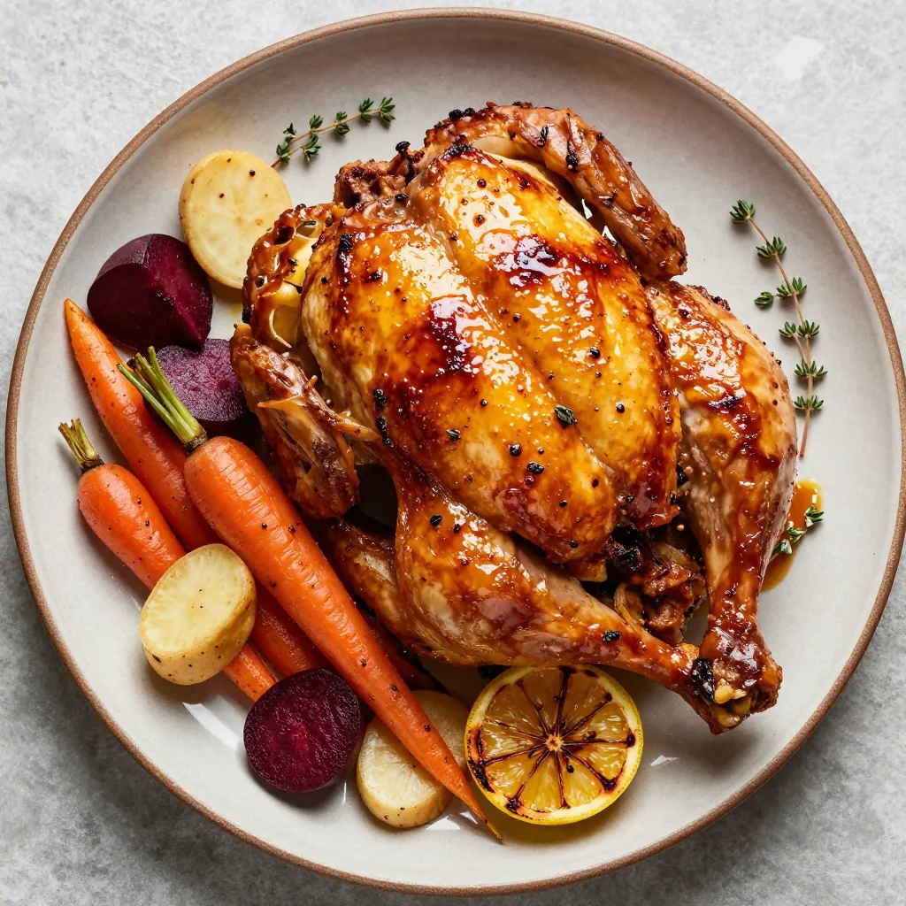slow roasted chicken with citrus glaze and winter root vegetables