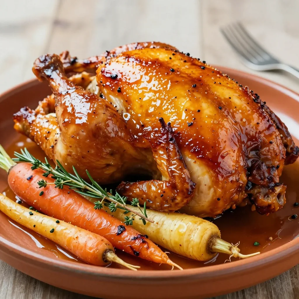 slow roasted chicken with citrus glaze and winter root vegetables