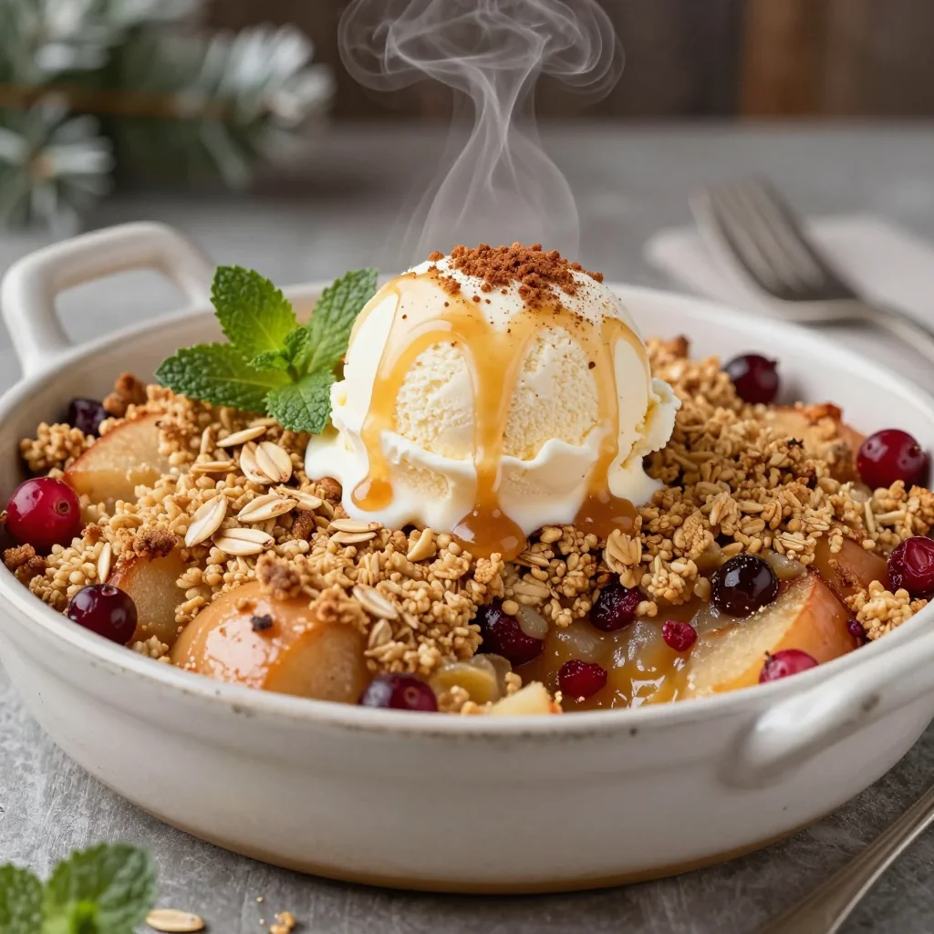 spiced apple and cranberry crisp with oat topping for winter desserts