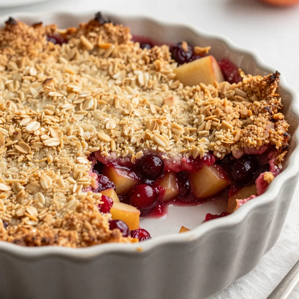 spiced apple and cranberry crisp with oat topping for winter desserts